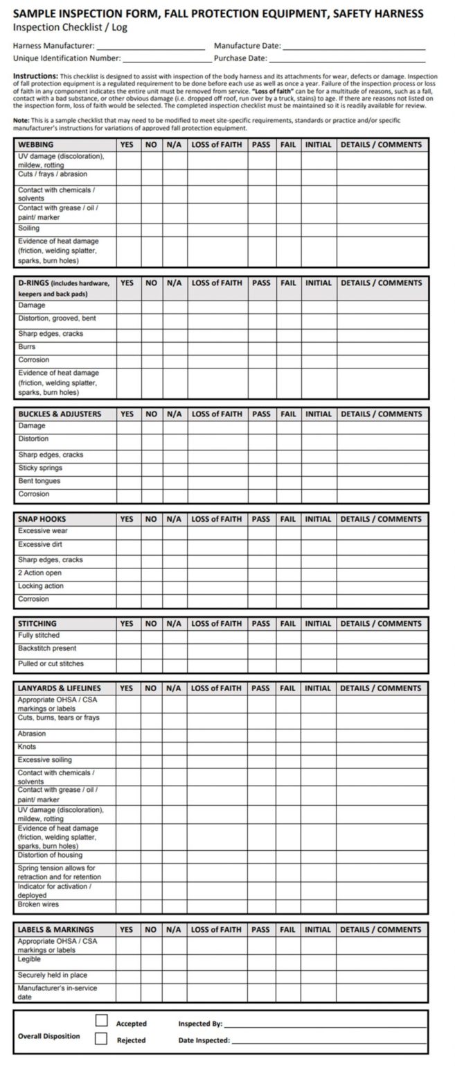 Inspection Form, Fall Protection Equipment Safety Harness Inspection ...