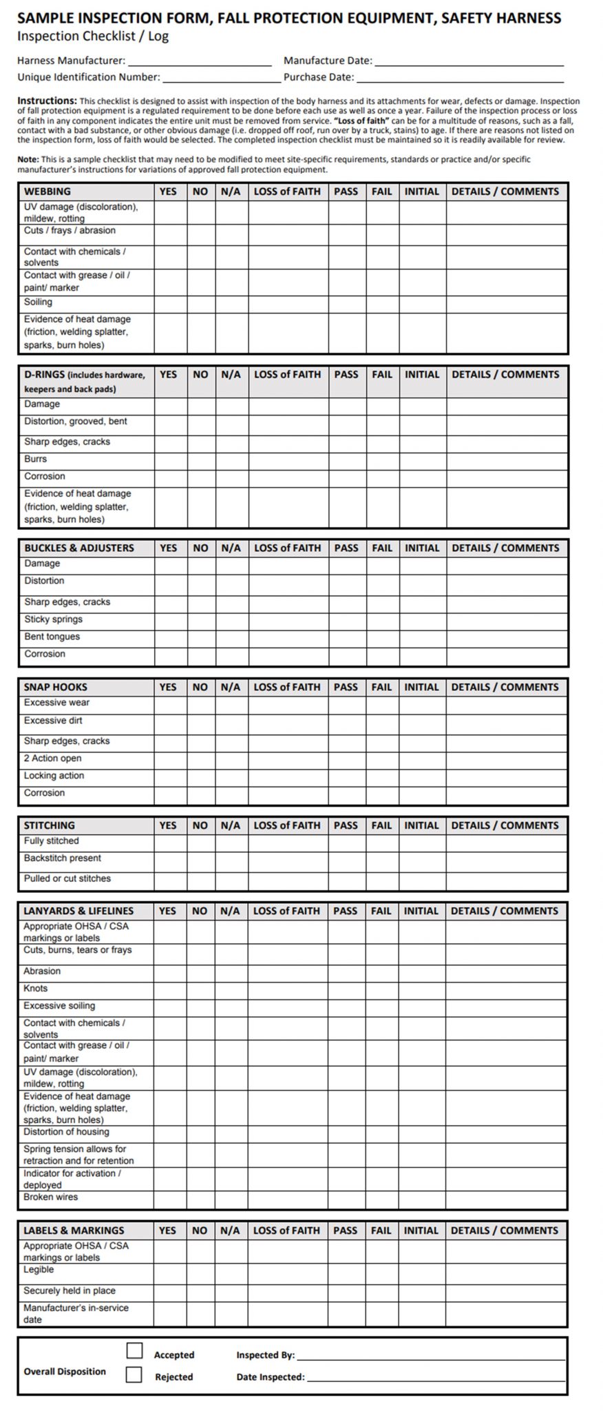 Inspection Form Fall Protection Equipment Safety Harness Inspection Inspection Form Fall Protection Equipment Safety Harness Inspection